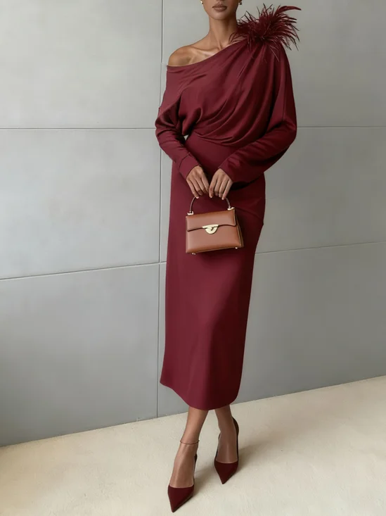 Fuchsia Feather-trimmed Ruched Classic Off The Shoulder Long Sleeve Shift Midi Dress