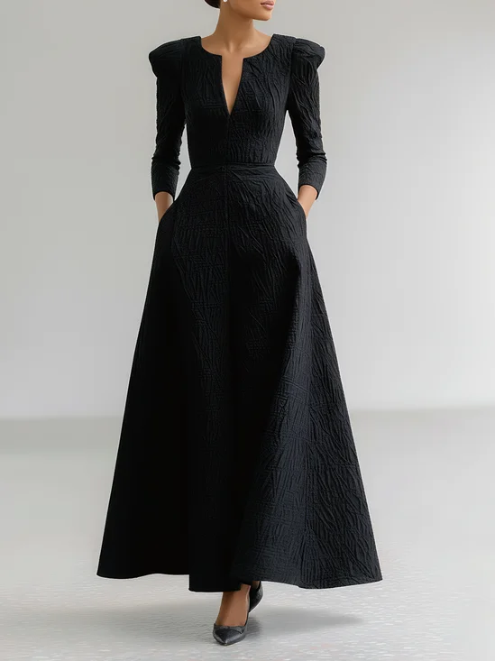 Black Jacquard Classic Notched Long Gigot Sleeve A-Line Maxi Dress
