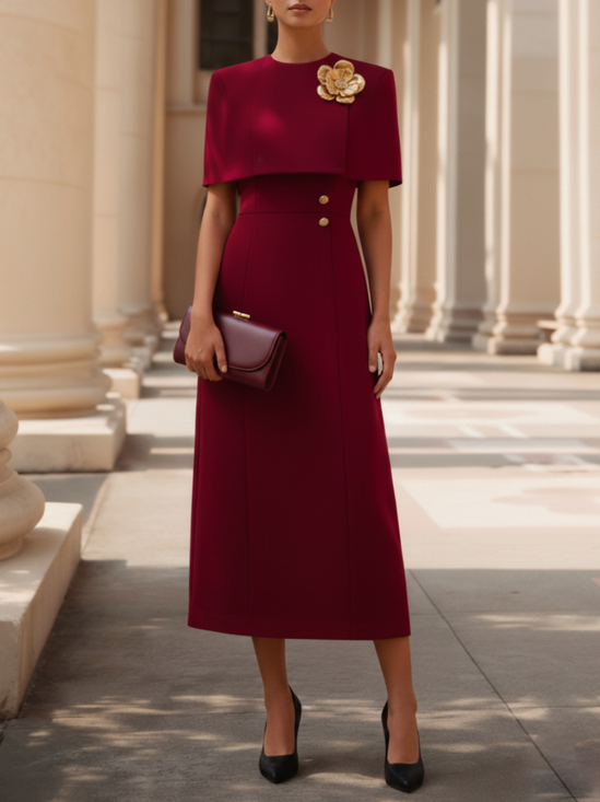 Burgundy Buckle 3D Floral Classic Crew Neck Short Sleeve A-Line Midi Dress