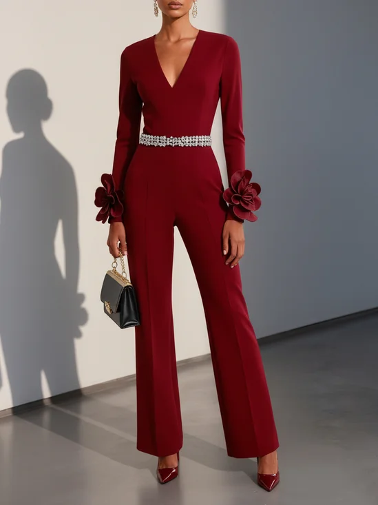 Women Burgundy 3D Floral Rhinestone V Neck Long Sleeve Dressy Jumpsuit