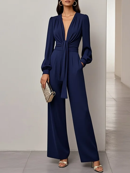 Women Purplish Blue Knot Front Deep V Neck Long Sleeve Balloon Sleeve Dressy Jumpsuit