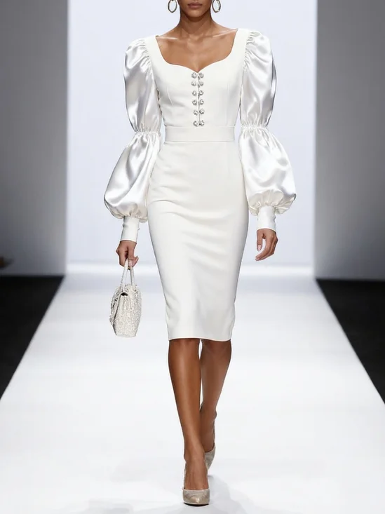 White Rhinestone Sweetheart Neckline Balloon Sleeve Midi Dress