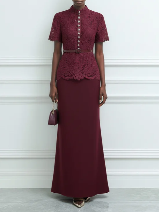 Wine Red Buckle Lace Classic Mock Neck Short Sleeve Mermaid Maxi Dress