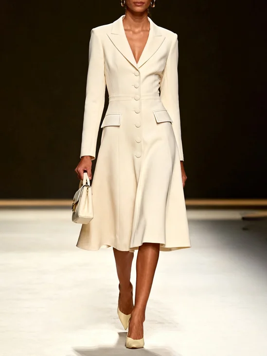 Off White Lapel Collar A-Line Blazer Midi Dress