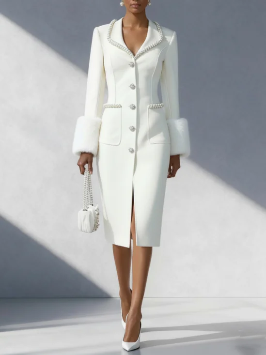 White Pearl Fur Classic Shawl Collar Long Sleeve Sheath Midi Dress