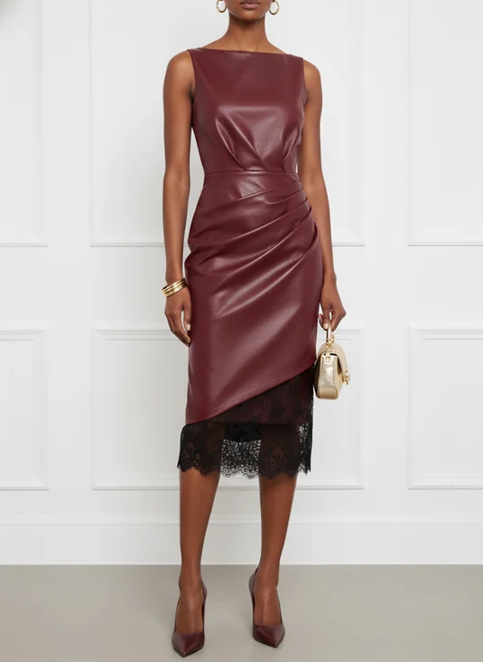 Burgundy Lace Ruched Classic Boat Neck Sleeveless Shift Midi Dress