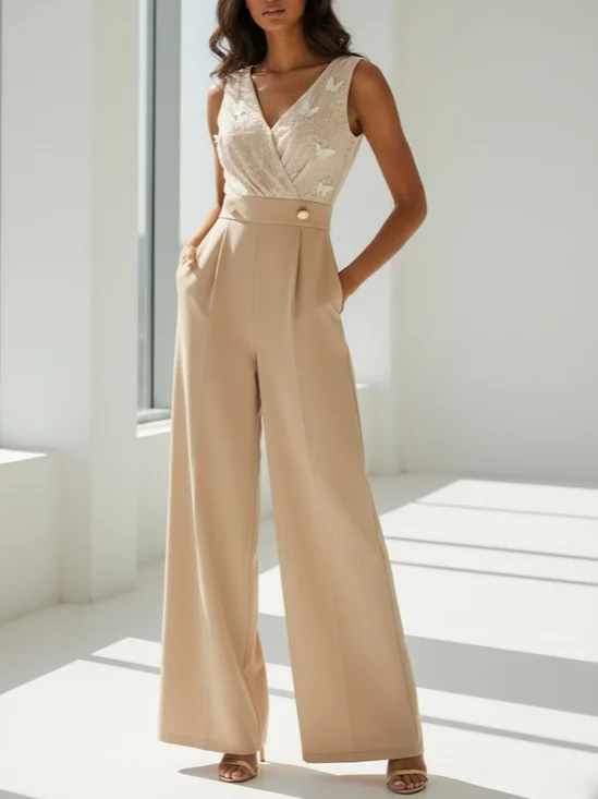 Women Apricot V Neck Sleeveless Morden Jumpsuit
