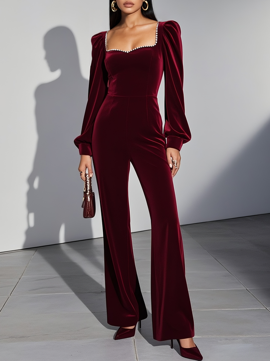 Women Burgundy Rhinestone Sweetheart Neckline Velvet Long Sleeve Balloon Sleeve Dressy Jumpsuit