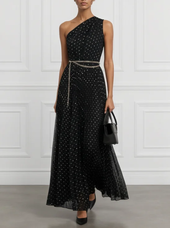 Black Stamped Bronzing Ruched Tulle One Shoulder Sleeveless A-Line Maxi Dress