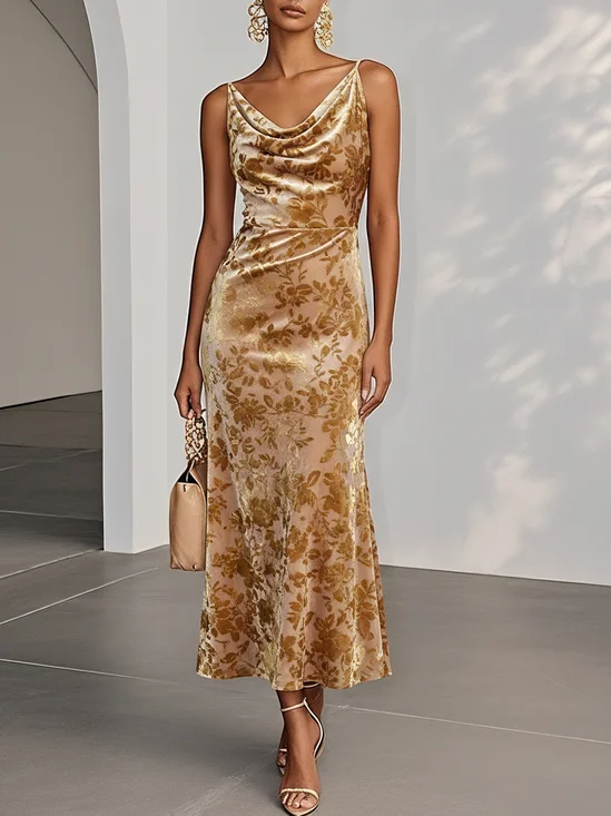 Khaki Jacquard Velvet Cowl Neck Gallus Sheath Midi Dress