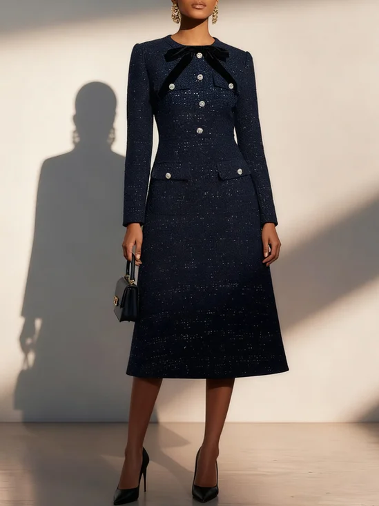 Dark Blue Bow Buckle Tweed Crew Neck Long Sleeve A-Line Midi Dress