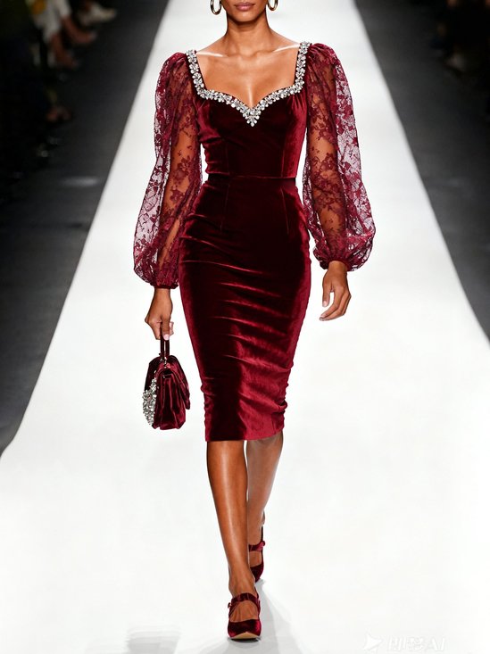 Wine Red Lace Rhinestone Velvet Sweetheart Neckline Long Sleeve Balloon Sleeve Sheath Midi Dress