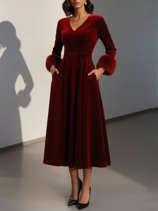 Burgundy Faux Fur Velvet V Neck Half Sleeve A-Line Midi Dress