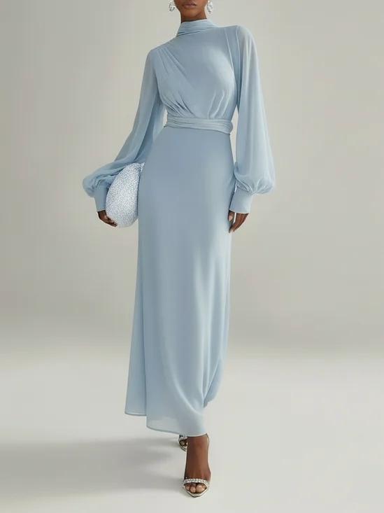 Light Blue Chiffon Mock Neck Long Sleeve Balloon Sleeve A-Line Maxi Dress