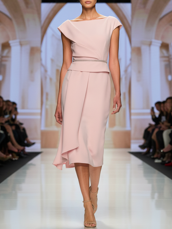 Pink Asymmetrical Neck Cap Sleeve Rhinestone A-Line Midi Dress 