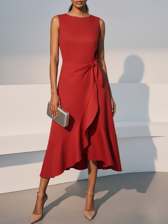 Red Asymmetric Ruffled Classic Boat Neck Sleeveless A-Line Midi Dress