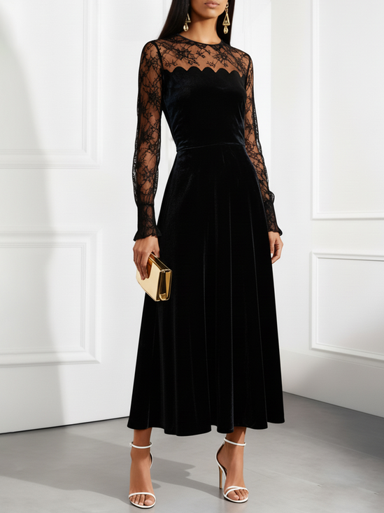Black Lace Split Joint Velvet Crew Neck Long Sleeve A-Line Maxi Dress