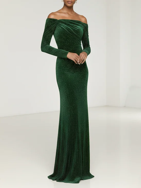 Green Hot Drilling Velvet Off The Shoulder Long Sleeve Sheath Gown Dress