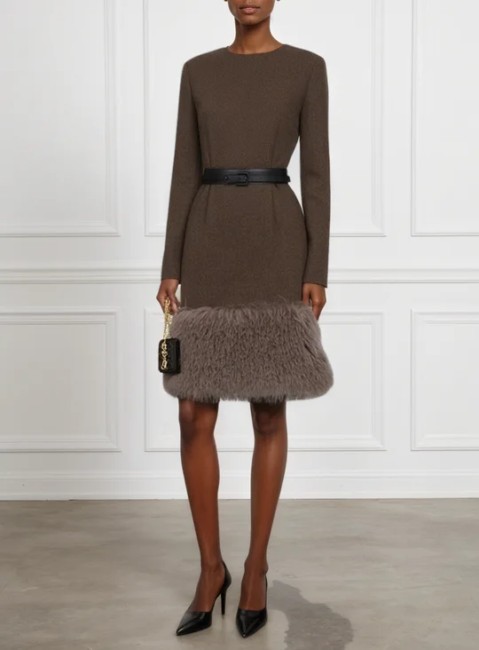 Light Brown Faux Fur Classic Crew Neck Long Sleeve Sheath Midi Dress