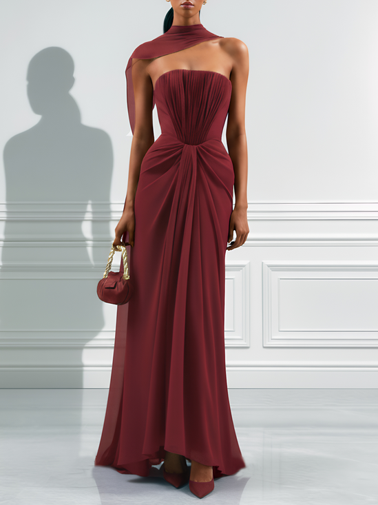 Burgundy Pleated Classic Strapless Sleeveless Sheath Gown Dress