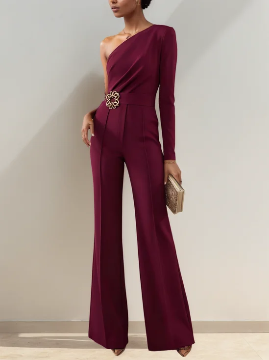 Women Burgundy Buckle Ruched One Shoulder Long Sleeve Dressy Jumpsuit
