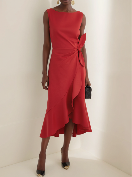 Red Asymmetric Ruffled Classic Boat Neck Sleeveless A-Line Midi Dress