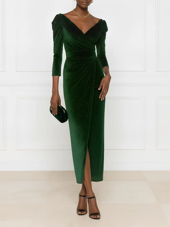 Green Hot Drilling Velvet V Neck Three Quarter Sleeve Gigot Sleeve Sheath Maxi Dress