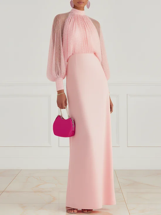 Pink Mesh Hot Drilling Satin Mock Neck Long Sleeve Balloon Sleeve Sheath Maxi Dress