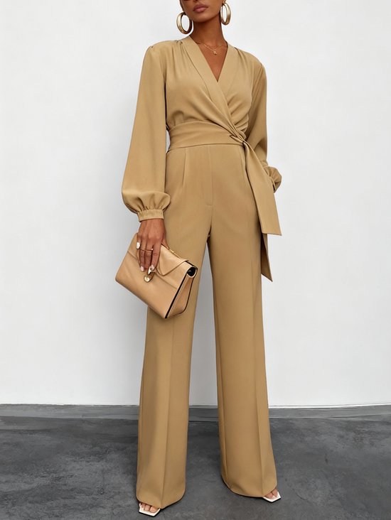 Women Khaki Knot Front V Neck Long Sleeve Balloon Sleeve Dressy Jumpsuit