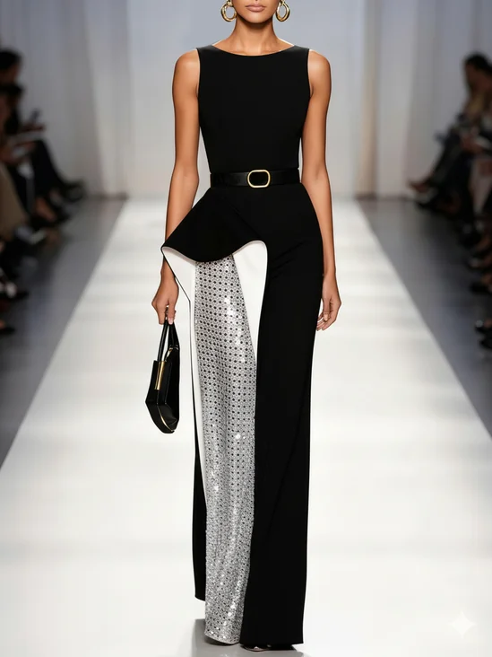 Black Glitter Split Joint Classic Crew Neck Sleeveless Sheath Maxi Dress