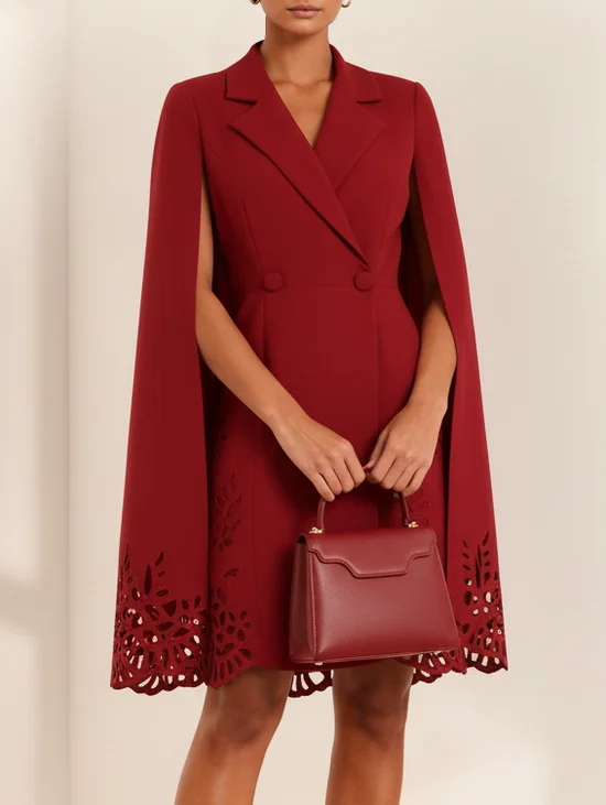 Burgundy Devore Blazer Lapel Collar Long Sleeve H-Line Midi Dress