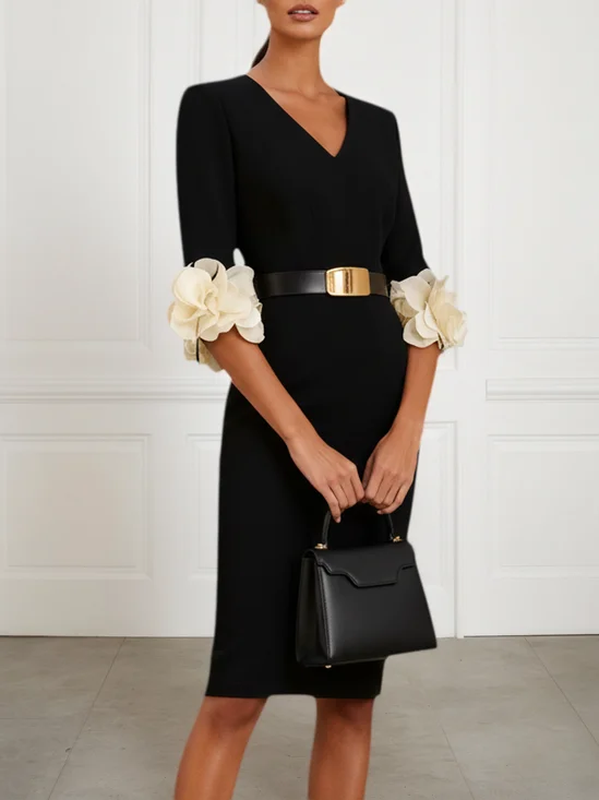 Black 3D Floral Classic V Neck Half Sleeve Sheath Midi Dress