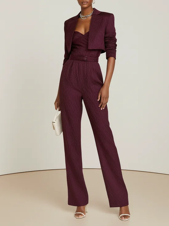 Women Burgundy Woolen Lapel Collar Long Sleeve Dressy Coat With Romper Two-Piece Set