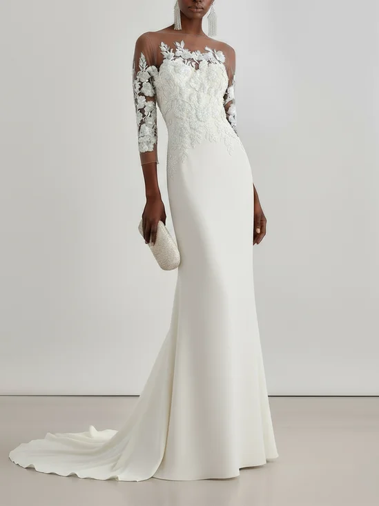 White Elegant Satin Lace Plain Three Quarter Sleeve Gown Wedding Dress 