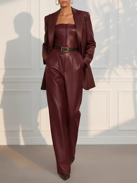 Women Faux Leather Spring/Fall Burgundy Pocket Stitching Blazer