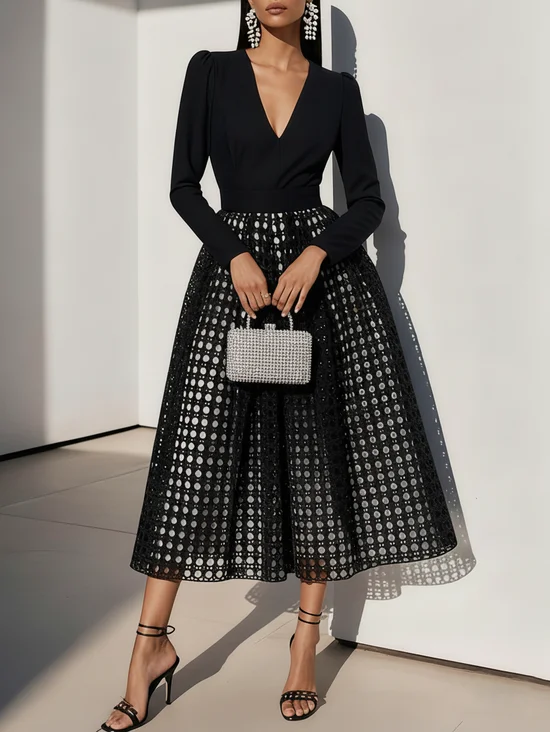 Black Fishnet Classic V Neck Long Sleeve A-Line Midi Dress