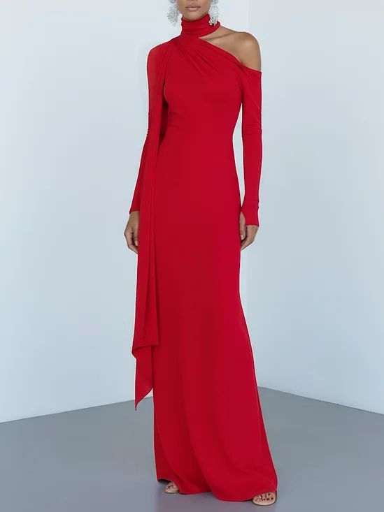 Red Lace-up Knit One Shoulder Long Sleeve Sheath Maxi Dress