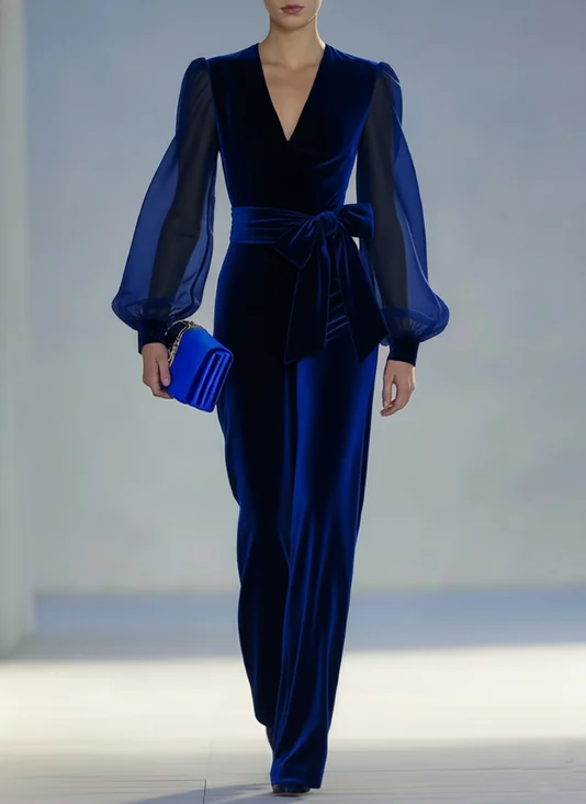 Navy Blue Velvet Split Joint Bow V Neck Long Sleeve Dressy Jumpsuit