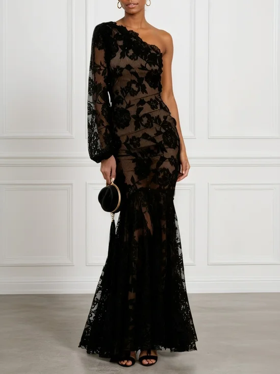 Black Jacquard Lace One Shoulder Long Sleeve Mermaid Maxi Dress