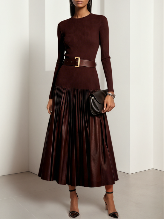 Burgundy Faux Leather Pleated Split Joint Knit Crew Neck Long Sleeve A-Line Maxi Dress