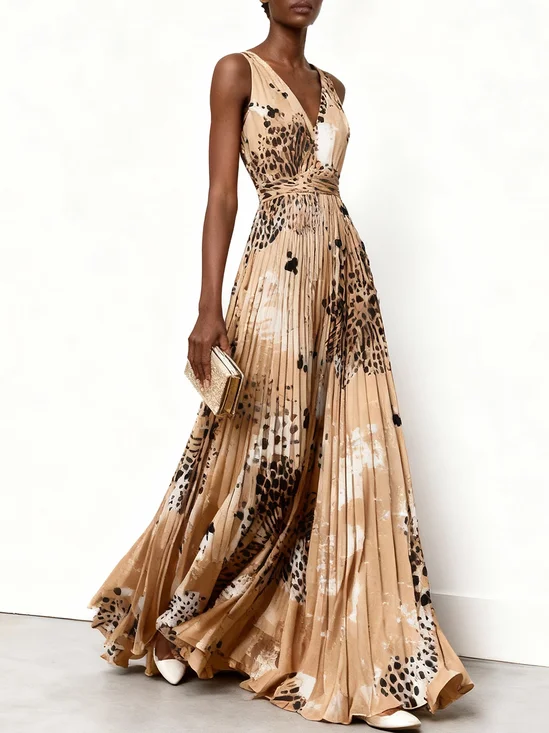 Apricot Pleated Floral Chiffon V Neck Sleeveless A-Line Maxi Dress