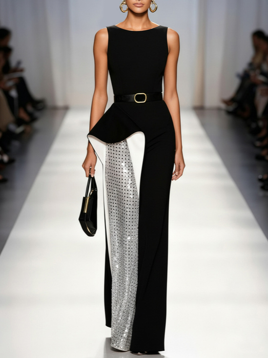 Black Glitter Split Joint Classic Crew Neck Sleeveless Sheath Maxi Dress