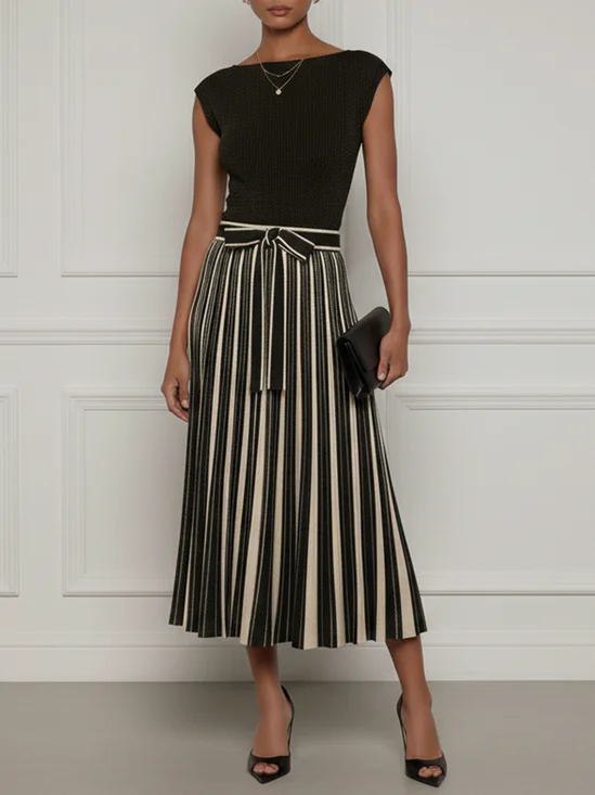 Black Bow Sweater Boat Neck Cap Sleeve A-Line Midi Dress