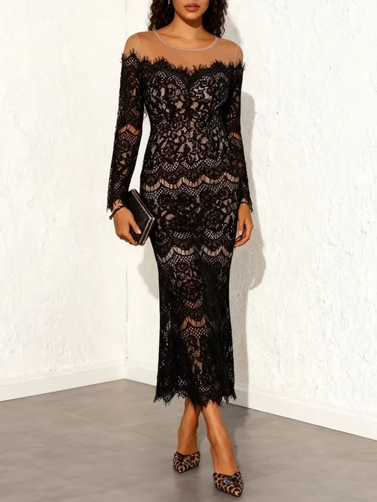 Black Lace Crew Neck Half Sleeve Sheath Midi Dress