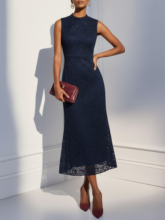 Purplish blue Lace Mock Neck Sleeveless Mermaid Maxi Dress