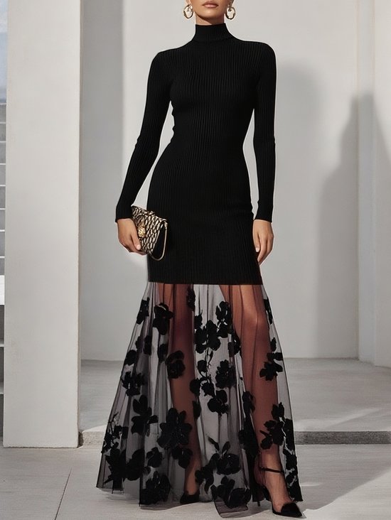 Black Mesh Floral Knit Mock Neck Long Sleeve A-Line Maxi Dress