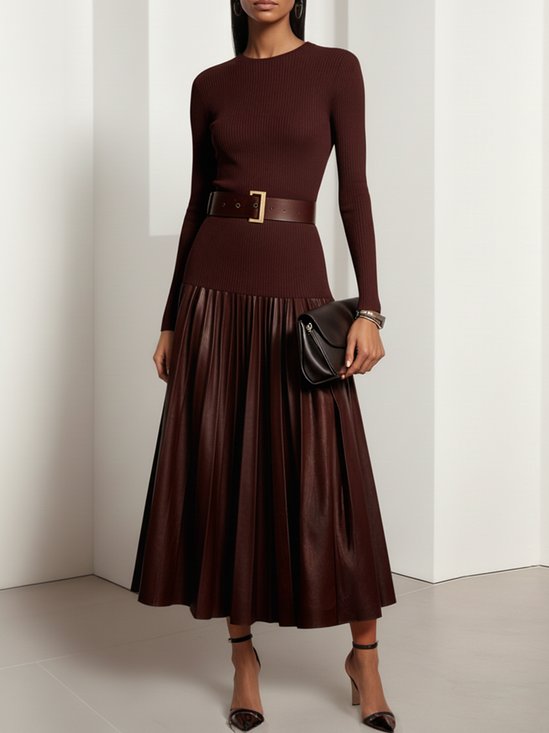 Burgundy Faux Leather Pleated Split Joint Knit Crew Neck Long Sleeve A-Line Maxi Dress