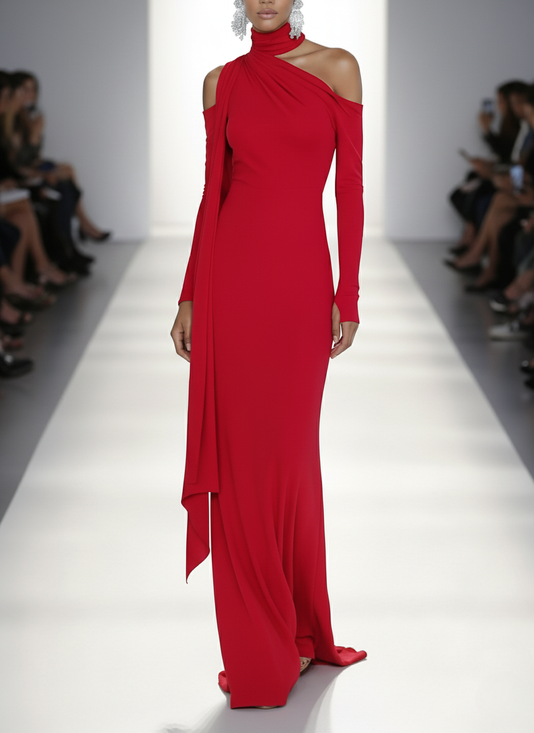 Red Asymmetric Knit One Shoulder Long Sleeve Sheath Maxi Dress