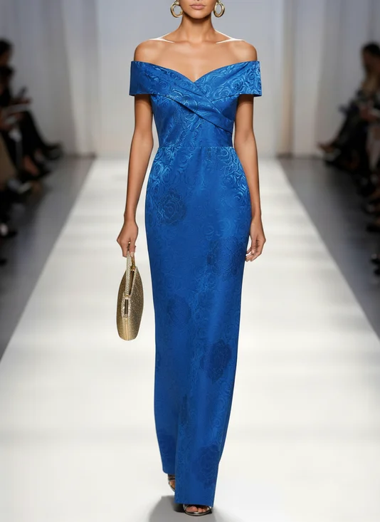 Blue Jacquard Floral Satin Off The Shoulder Sleeveless Sheath Maxi Dress