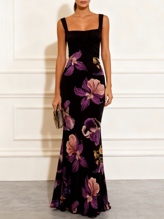 Black Floral Classic Square Neck Sleeveless Mermaid Maxi Dress